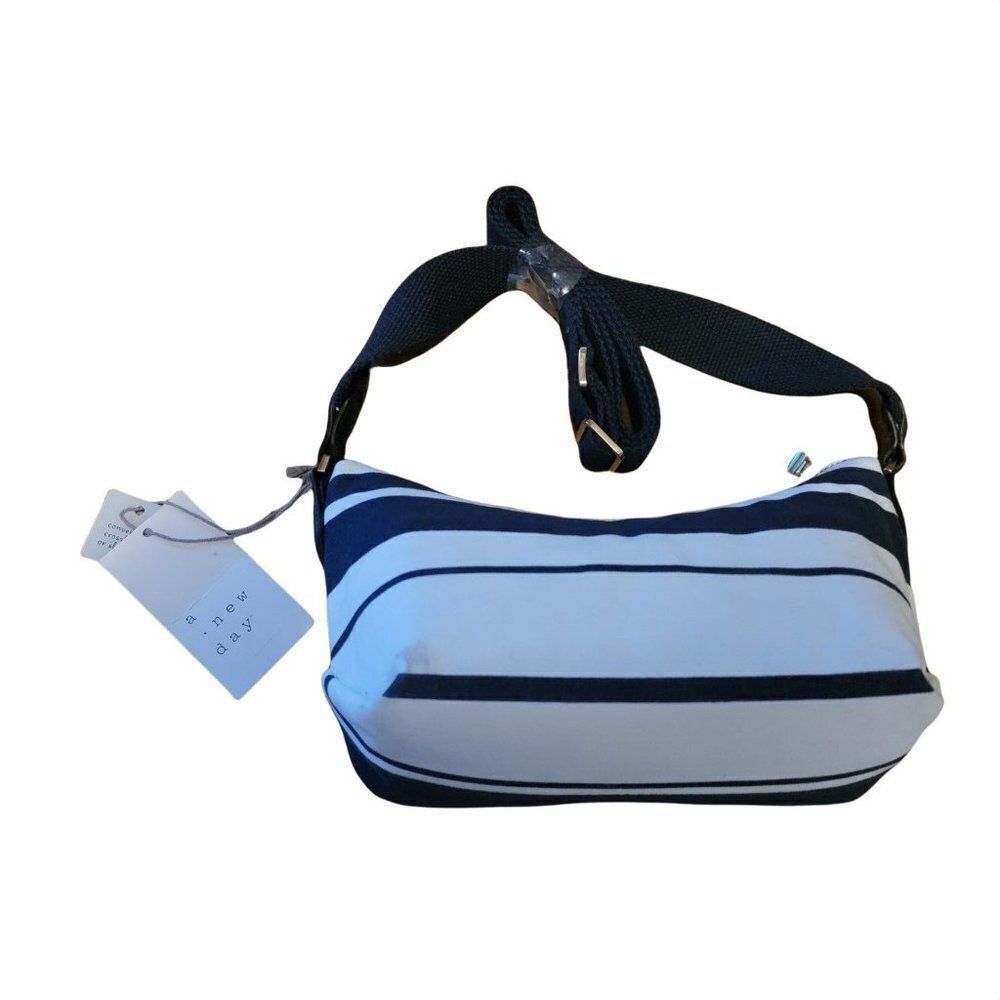 A New Day Navy Blue Cream Striped Adjustable Strap Crossbody Shoulder Bag Sz OS